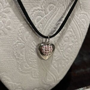 Two heart pendant charms medallion on black leather cord necklace 17”